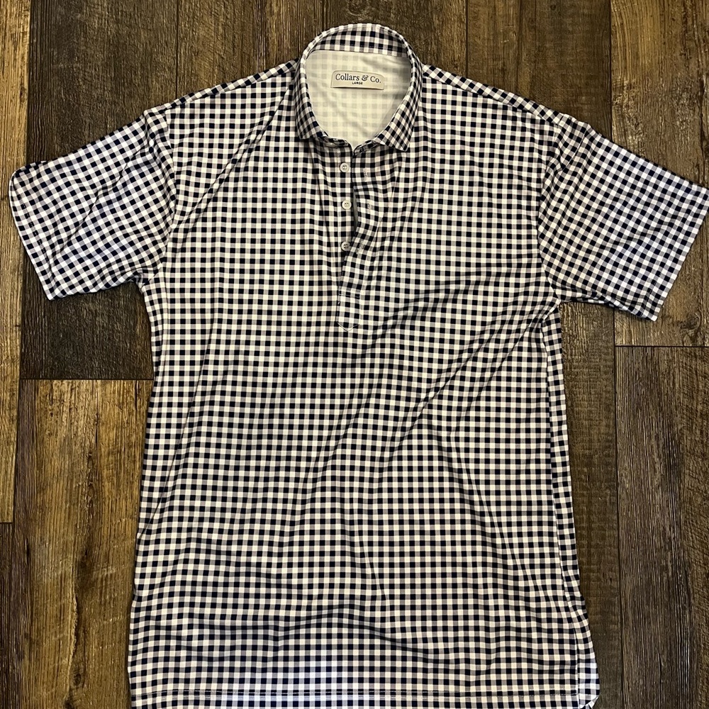 Collars and Co Navy Gingham semi-spread collar polo shirt size Large